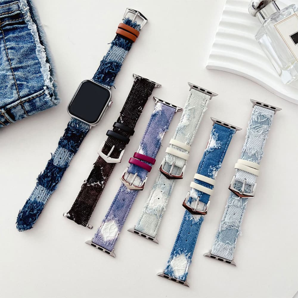 Personalized tattered denim contrasting leather smart watch strap