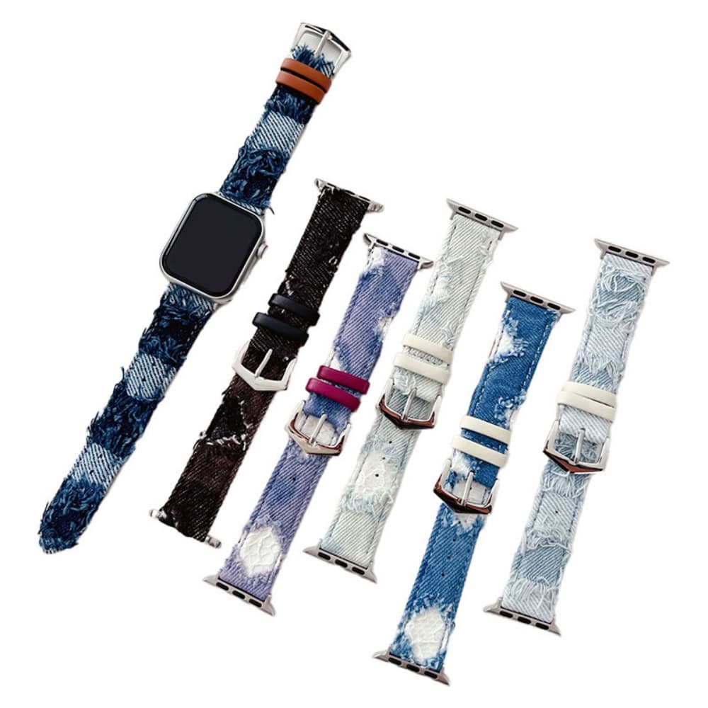 Personalized tattered denim contrasting leather smart watch strap