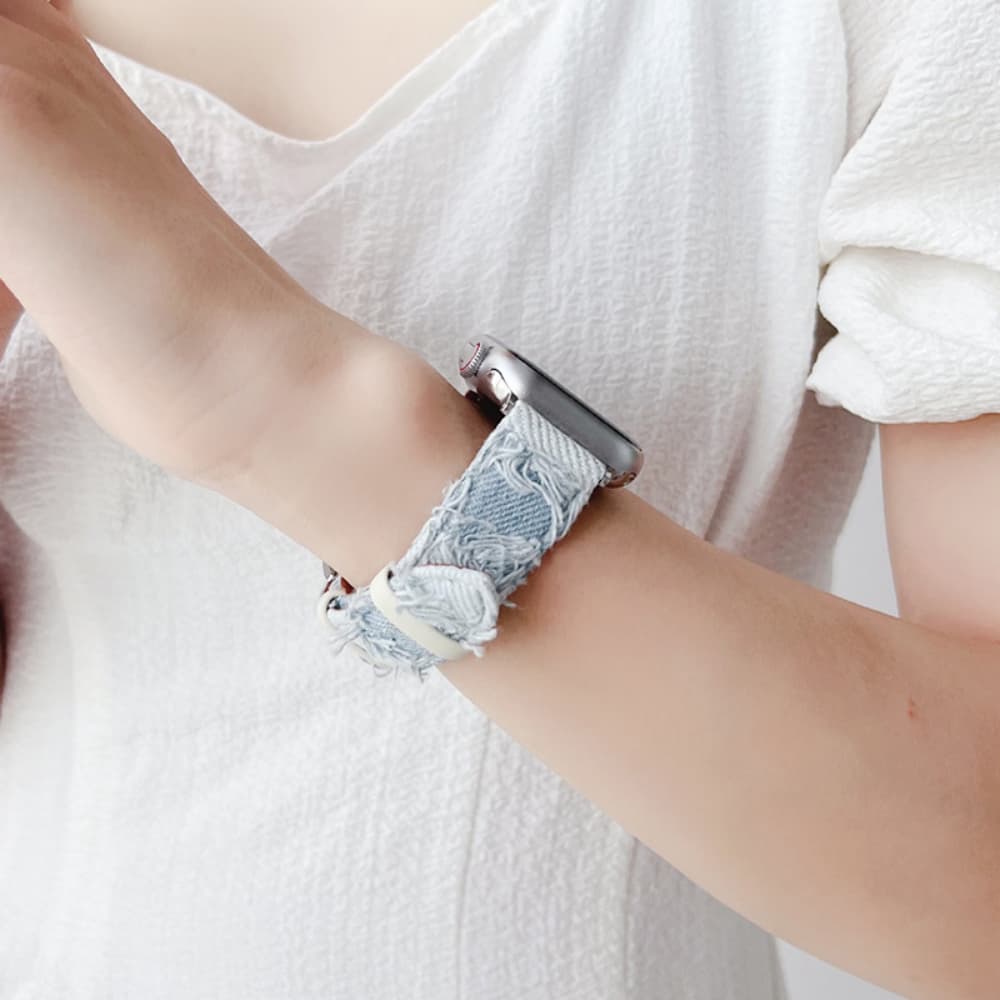 Personalized tattered denim contrasting leather smart watch strap