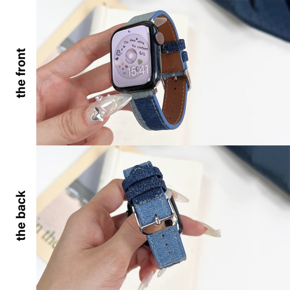 Creative denim patchwork contrast-colored leather watchband