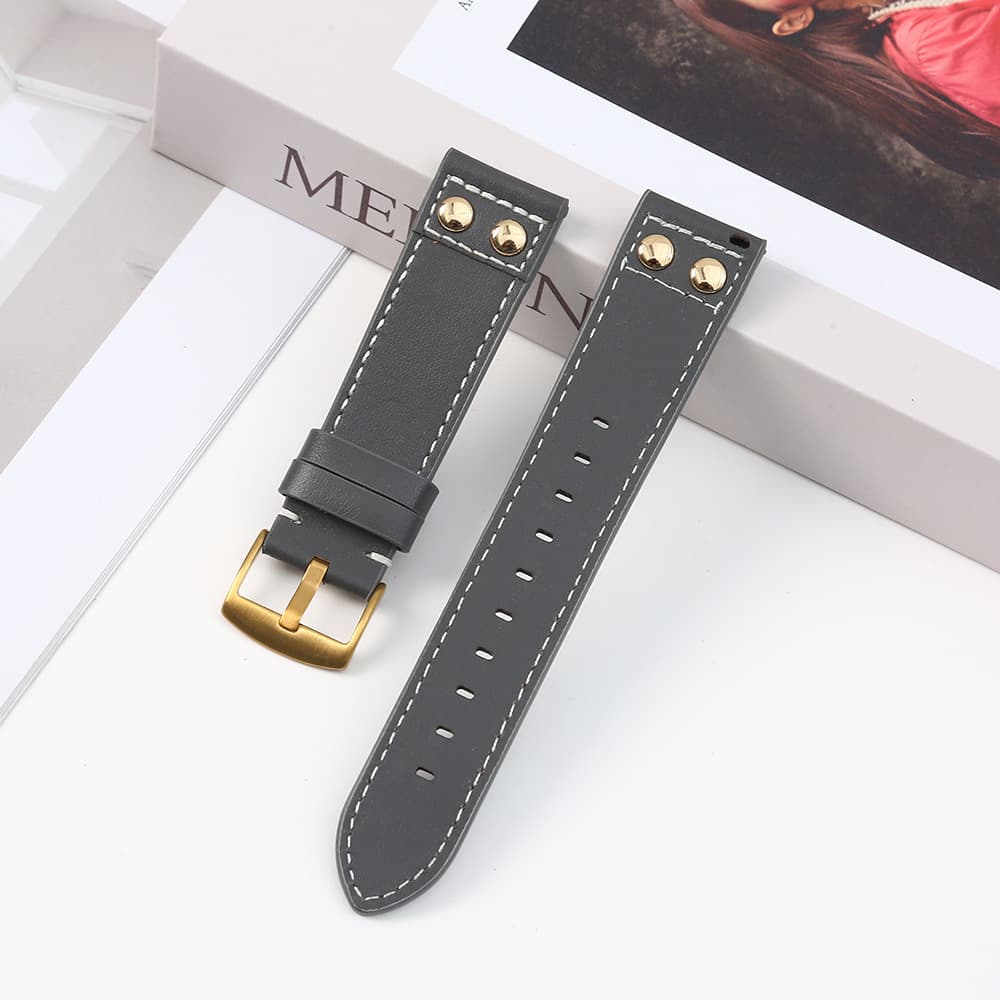 Double rivet decoration solid color leather white stitching watch strap