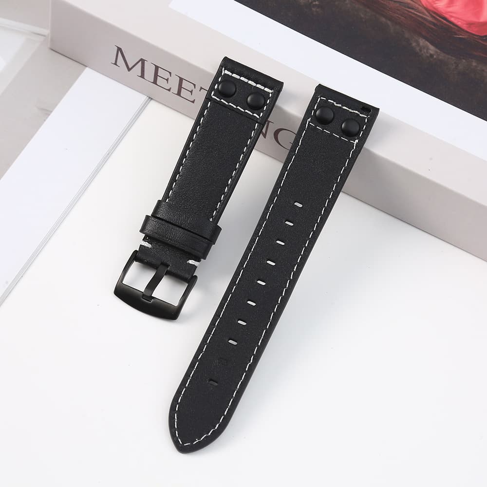 Double rivet decoration solid color leather white stitching watch strap