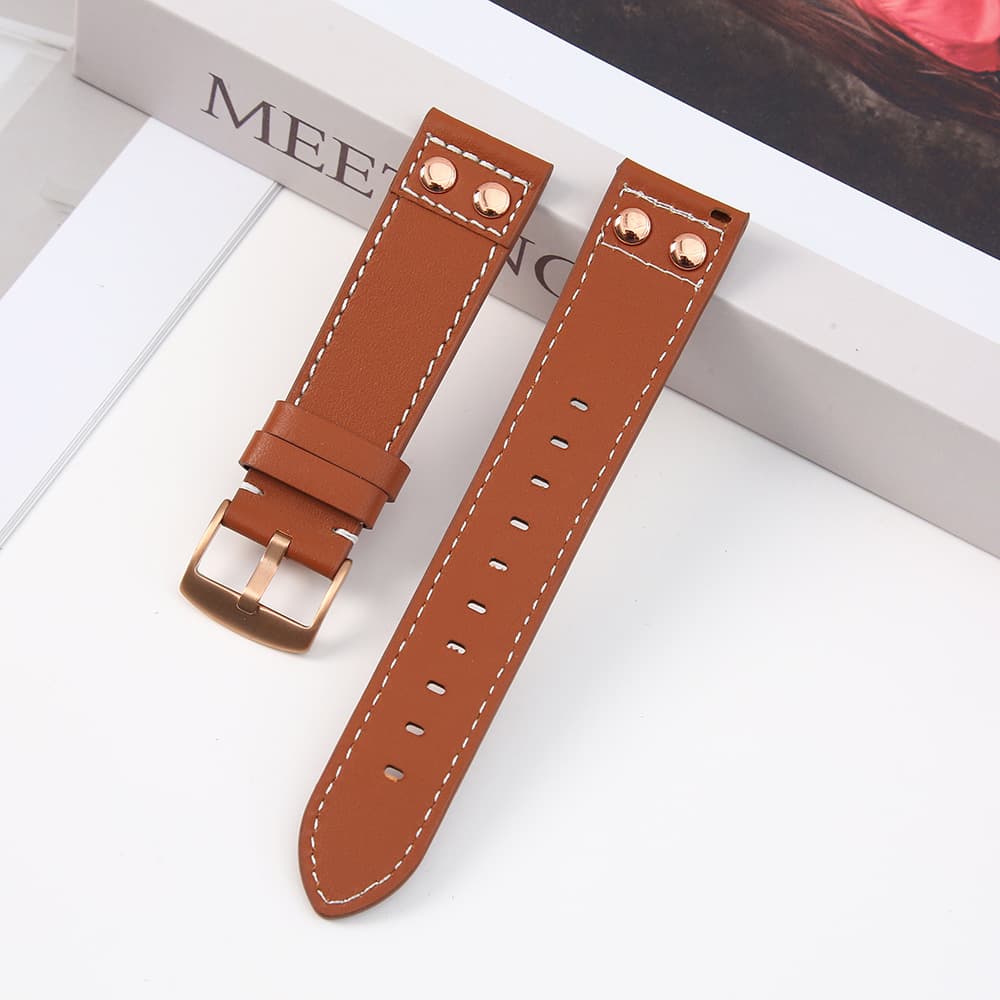 Double rivet decoration solid color leather white stitching watch strap