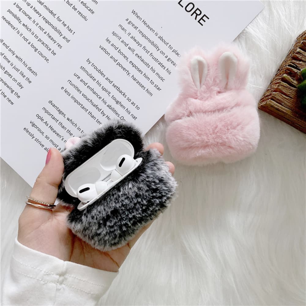 Cute plush rabbit ear winter anti drop earphone case