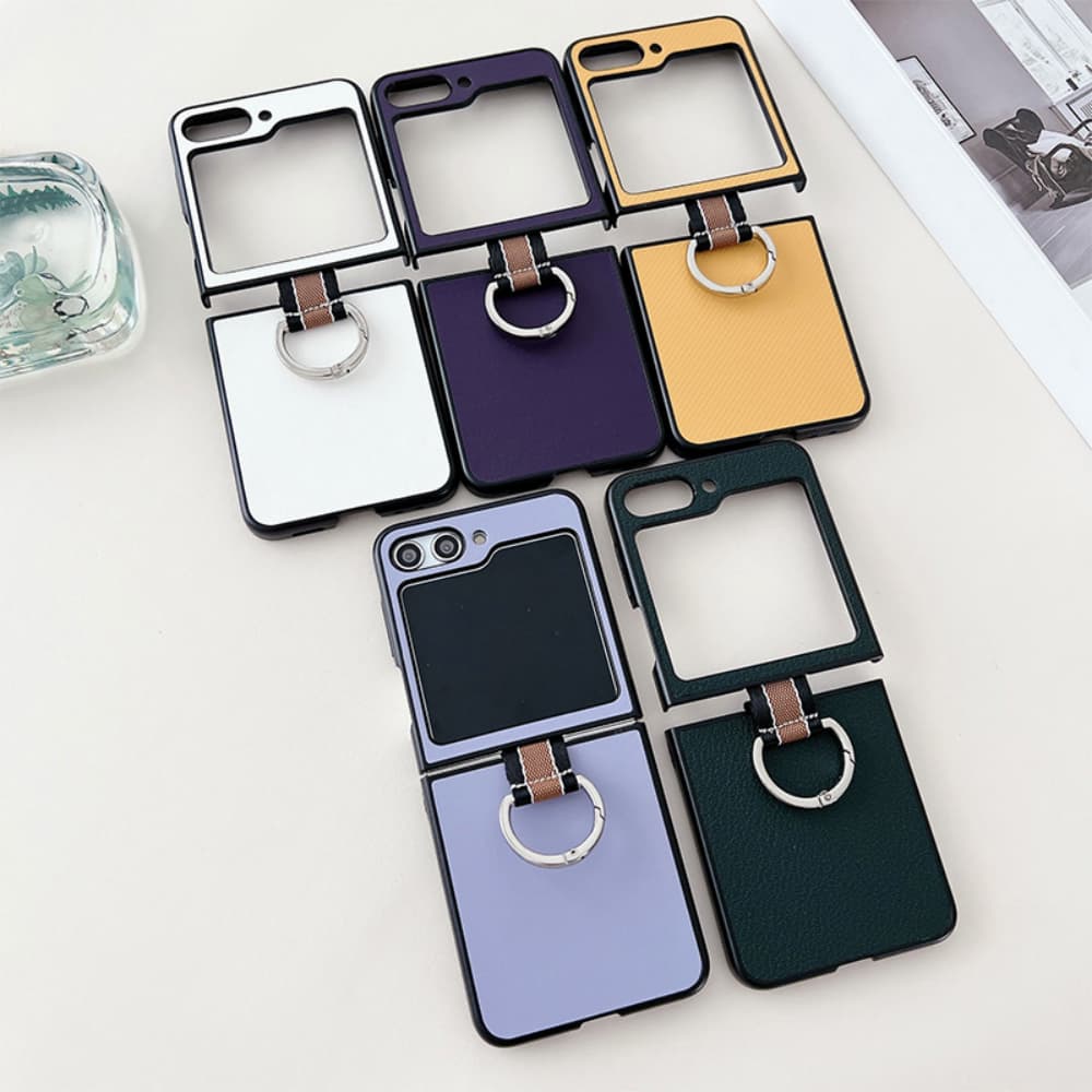 Ring buckle solid color leather flip folding phone case