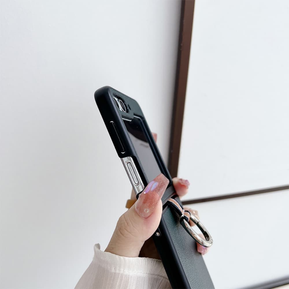 Ring buckle solid color leather flip folding phone case