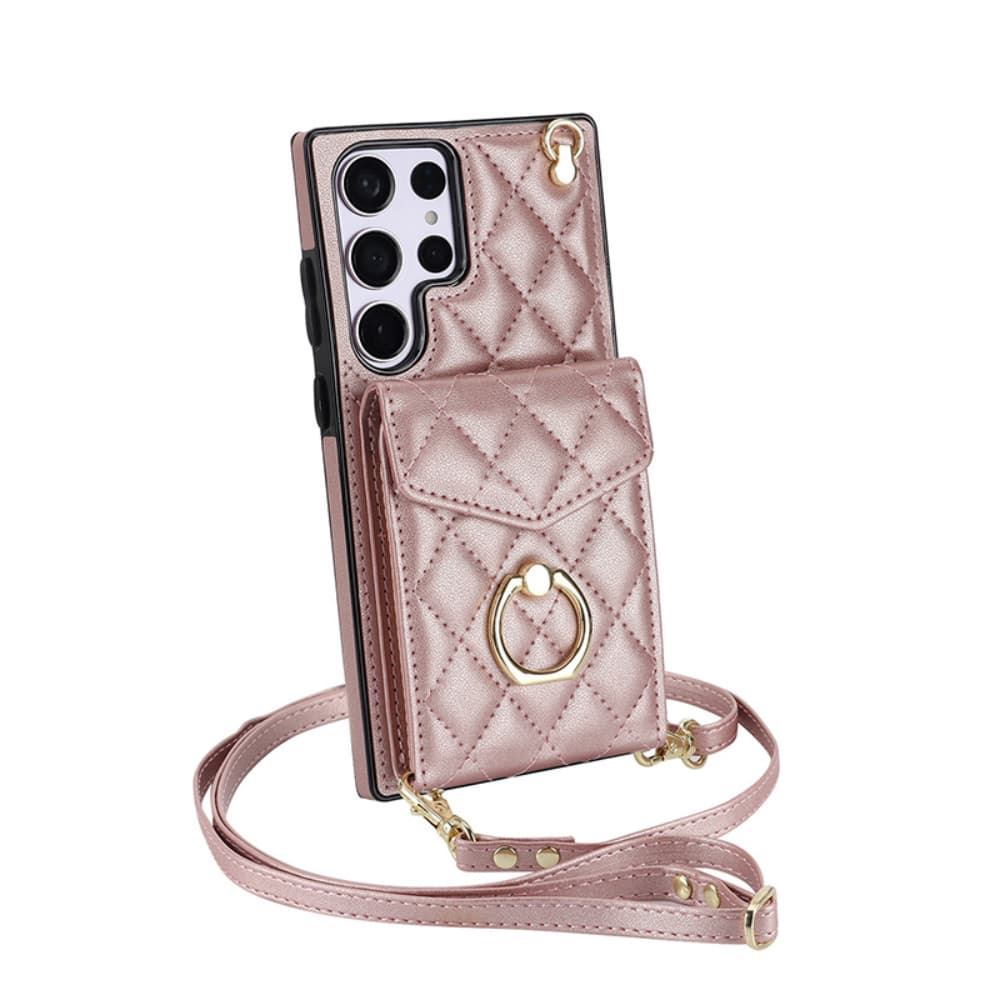 Organ style card bag hanging rope crossbody ring buckle leather phone case