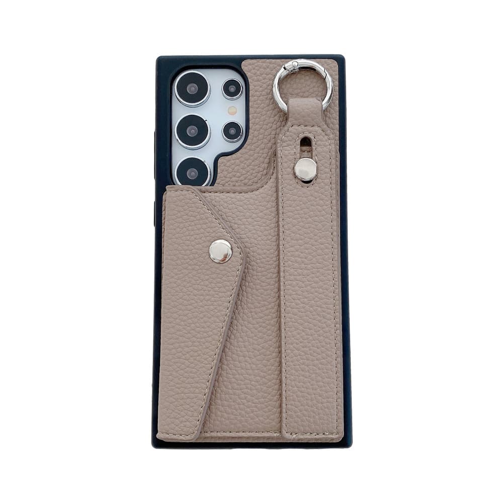 Solid color lychee patterned wristband flip style card slot phone case