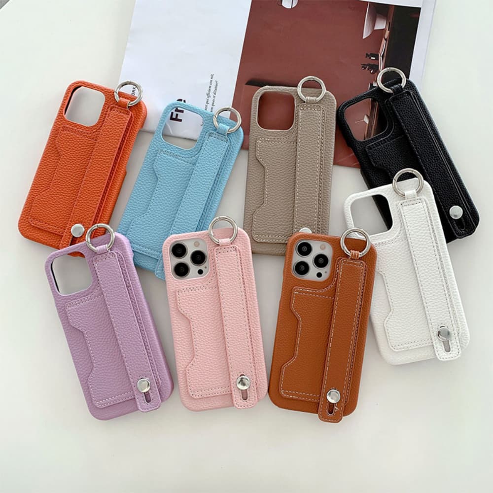 Solid color lychee patterned leather card bag wristband phone case