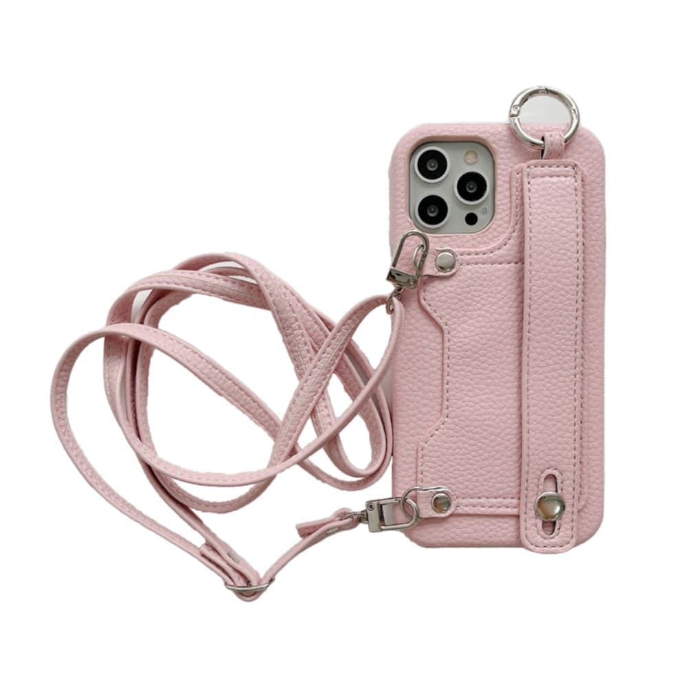 Solid color leather card slot wristband hanging rope crossbody phone case
