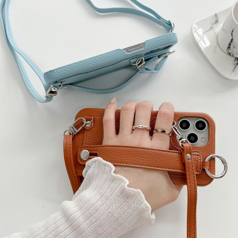 Solid color leather card slot wristband hanging rope crossbody phone case