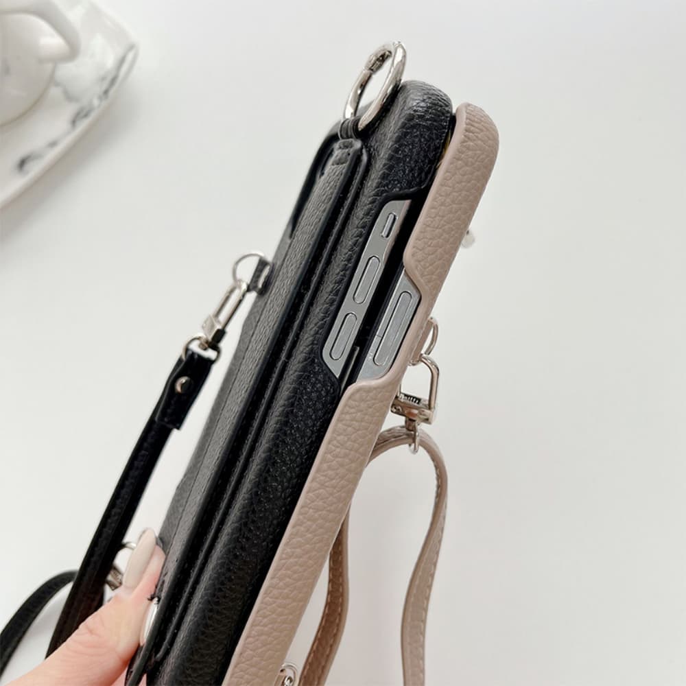 Solid color leather card slot wristband hanging rope crossbody phone case