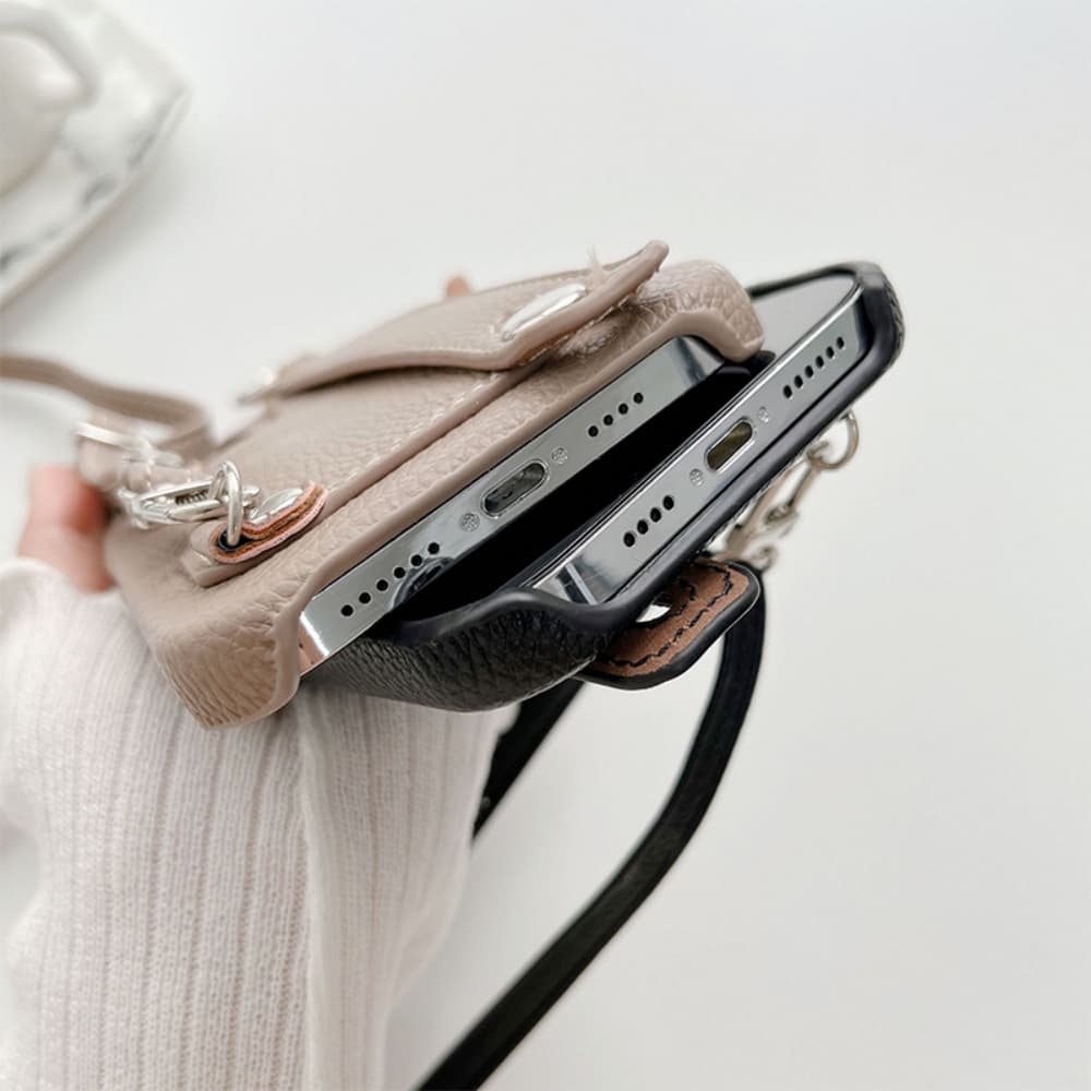 Solid color leather card slot wristband hanging rope crossbody phone case