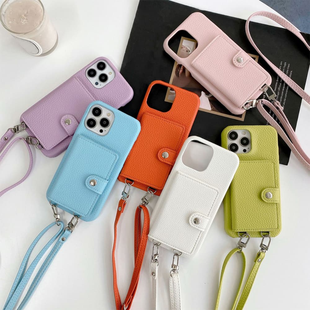 Flip style card bag solid color leather hanging rope crossbody phone case