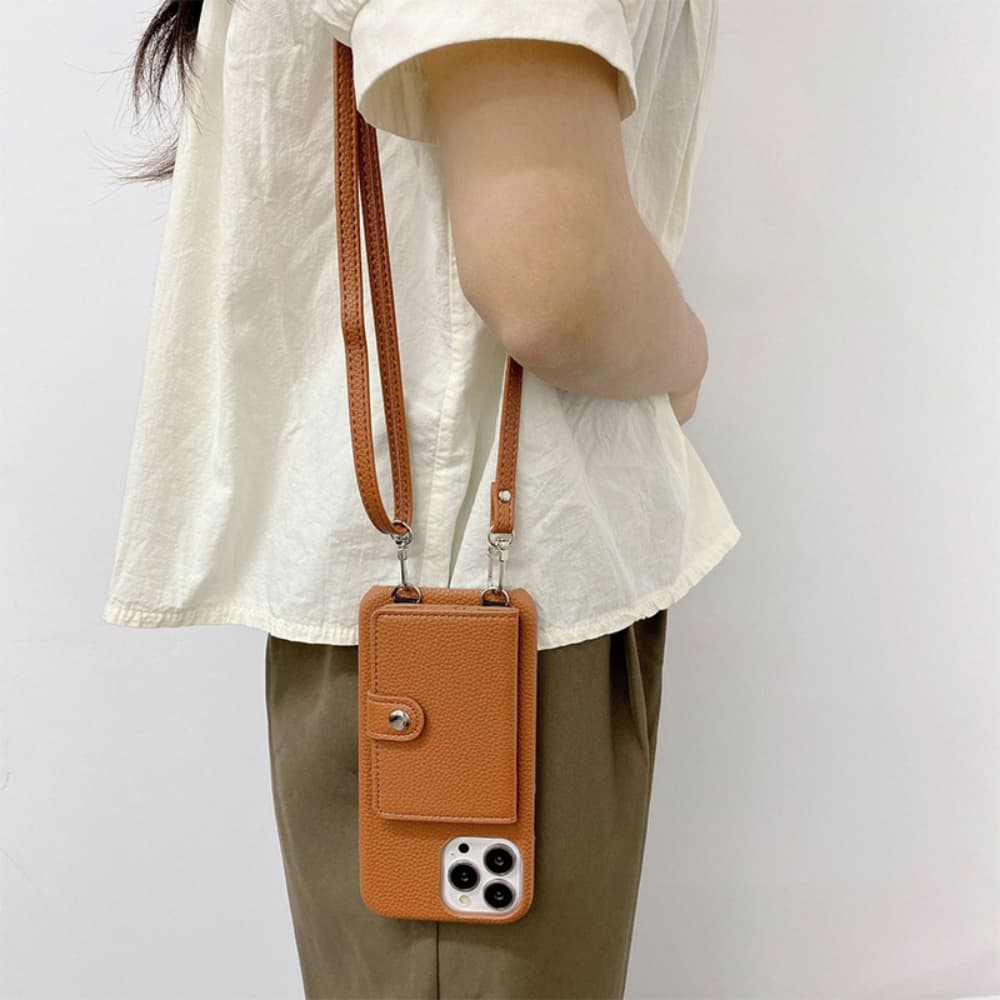 Flip style card bag solid color leather hanging rope crossbody phone case