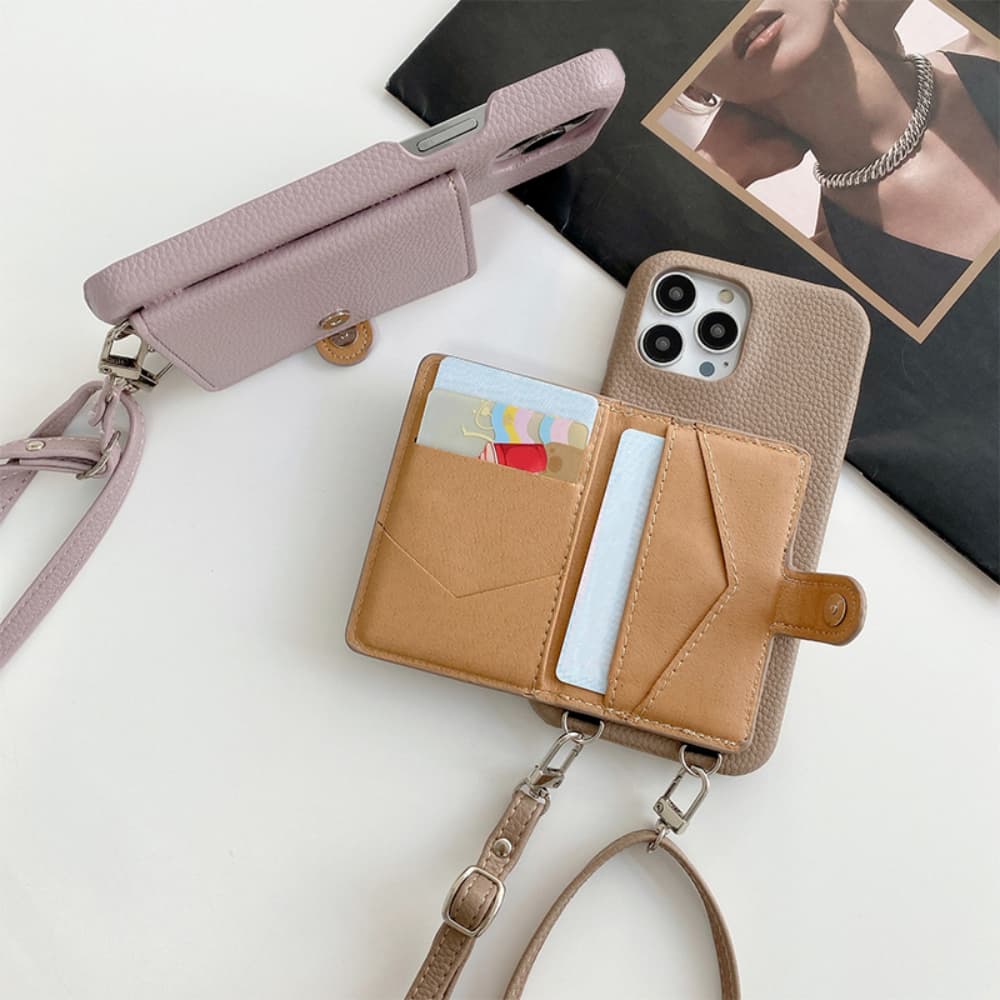 Flip style card bag solid color leather hanging rope crossbody phone case