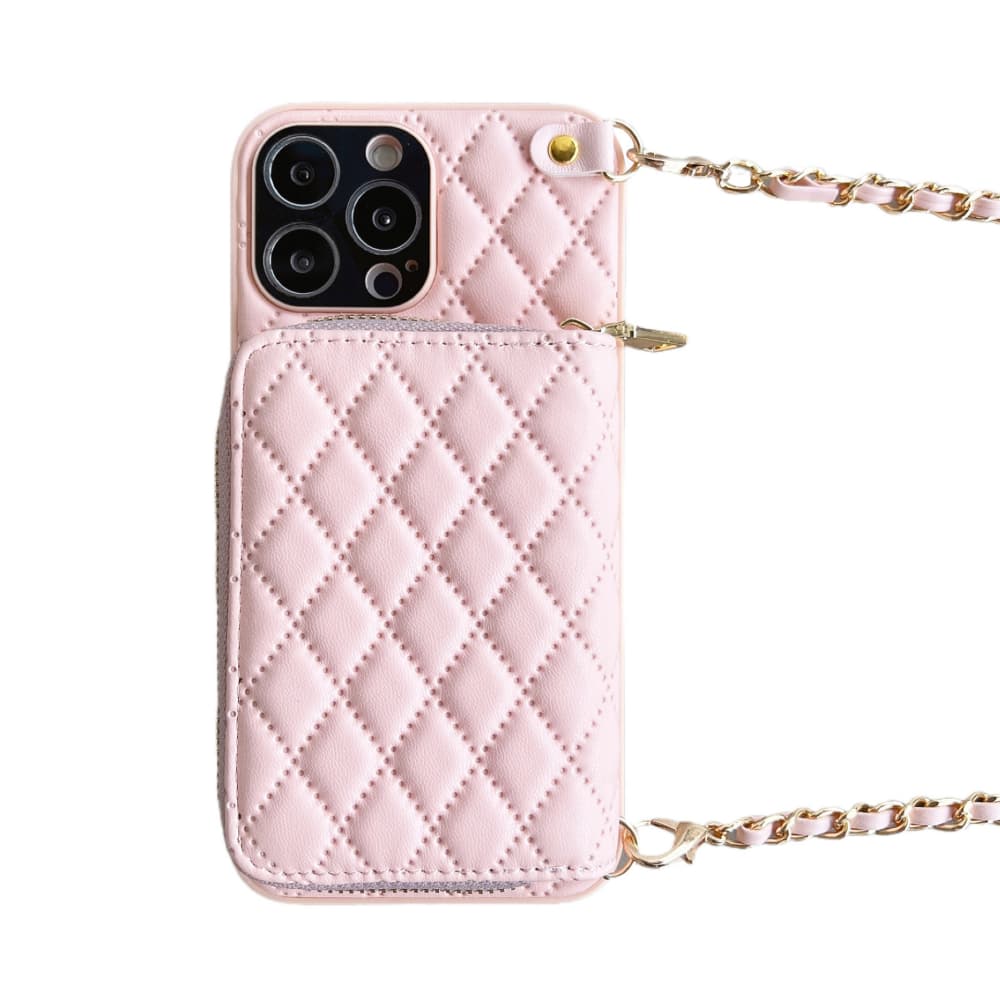 Diamond patterned leather zipper style card bag hanging rope crossbody phone case