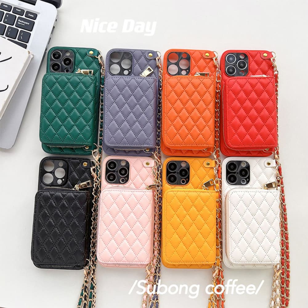 Diamond patterned leather zipper style card bag hanging rope crossbody phone case