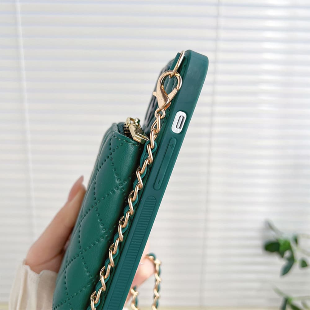 Diamond patterned leather zipper style card bag hanging rope crossbody phone case