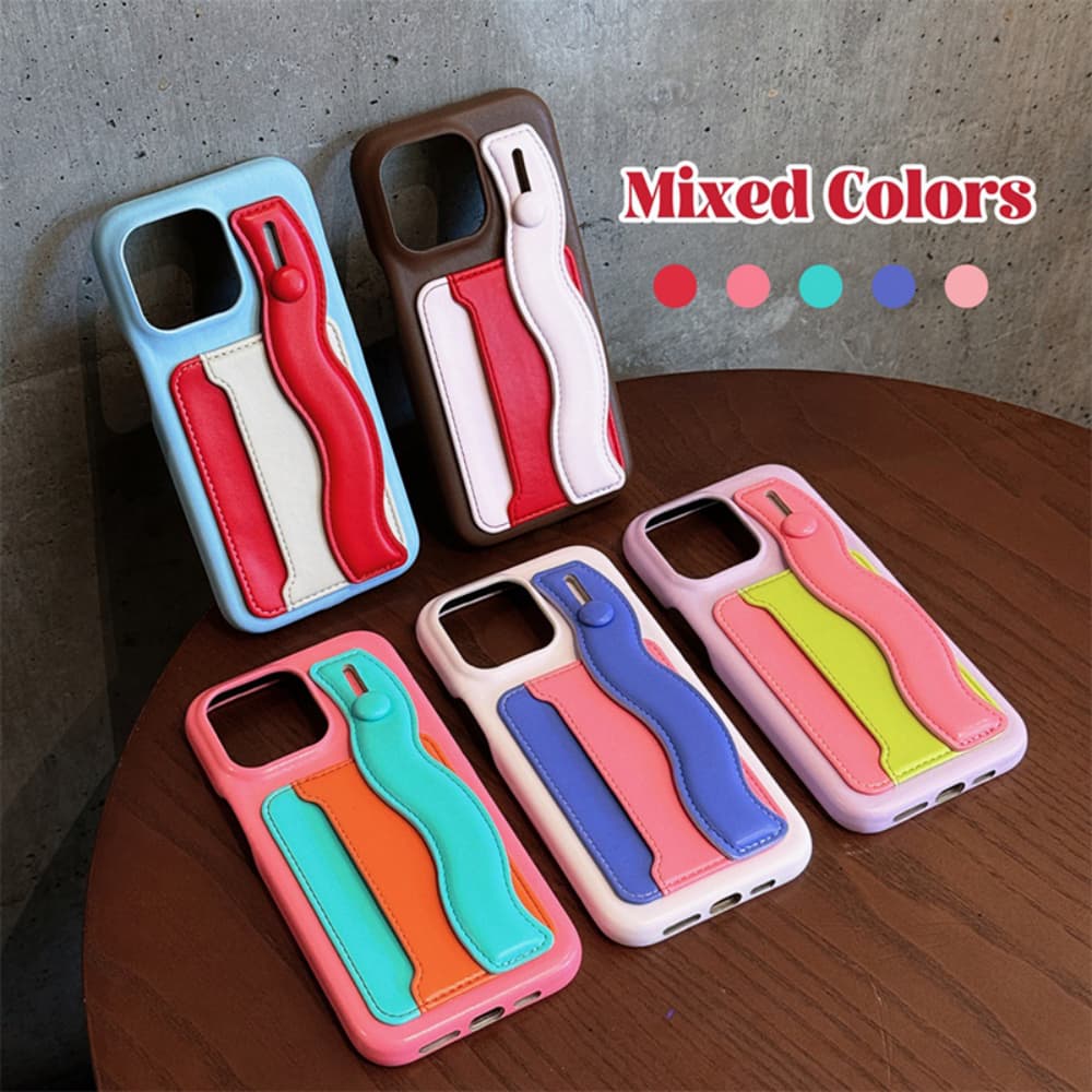 Color blocked card slot wristband leather phone case