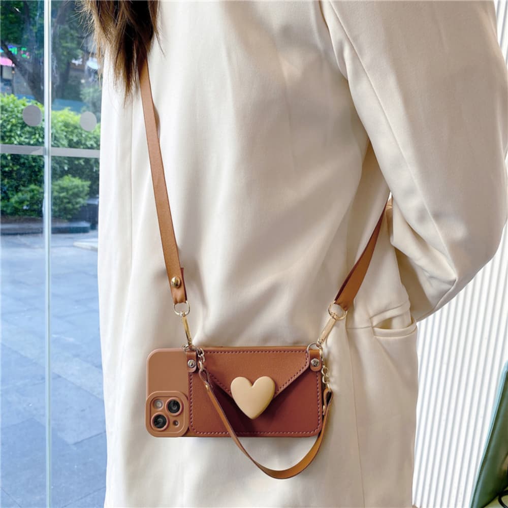 Coffee colored three-dimensional heart-shaped crossbody card bag phone case