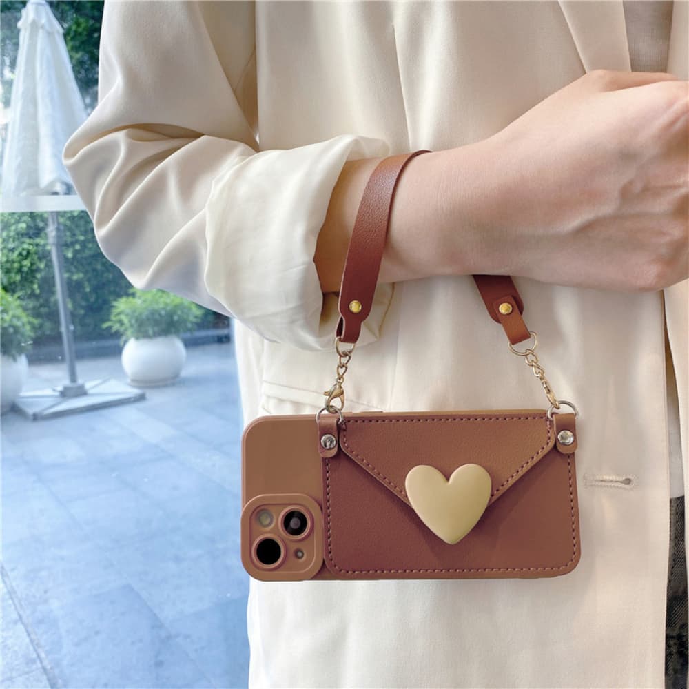 Coffee colored three-dimensional heart-shaped crossbody card bag phone case